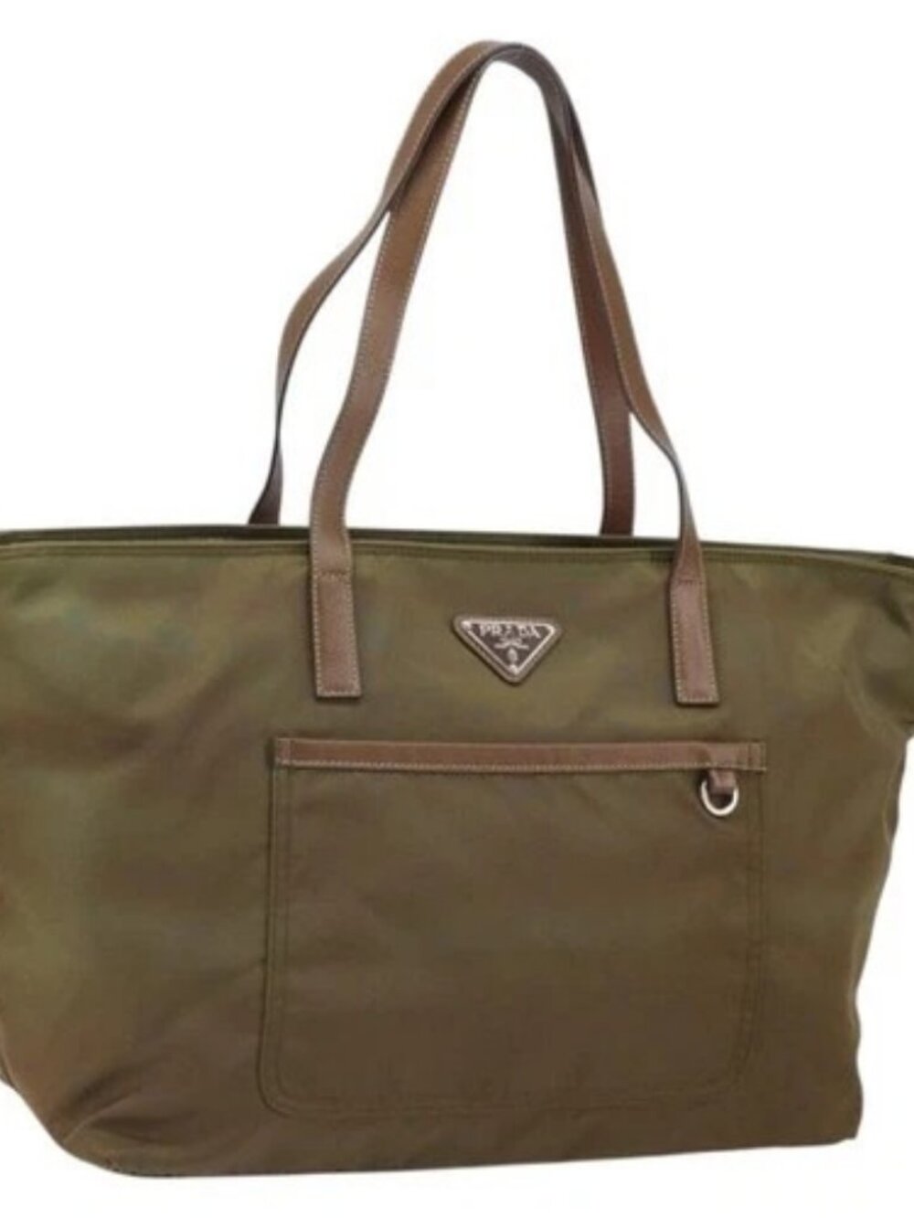 PRADA Tote Bag Nylon Khaki Silver Auth 166690